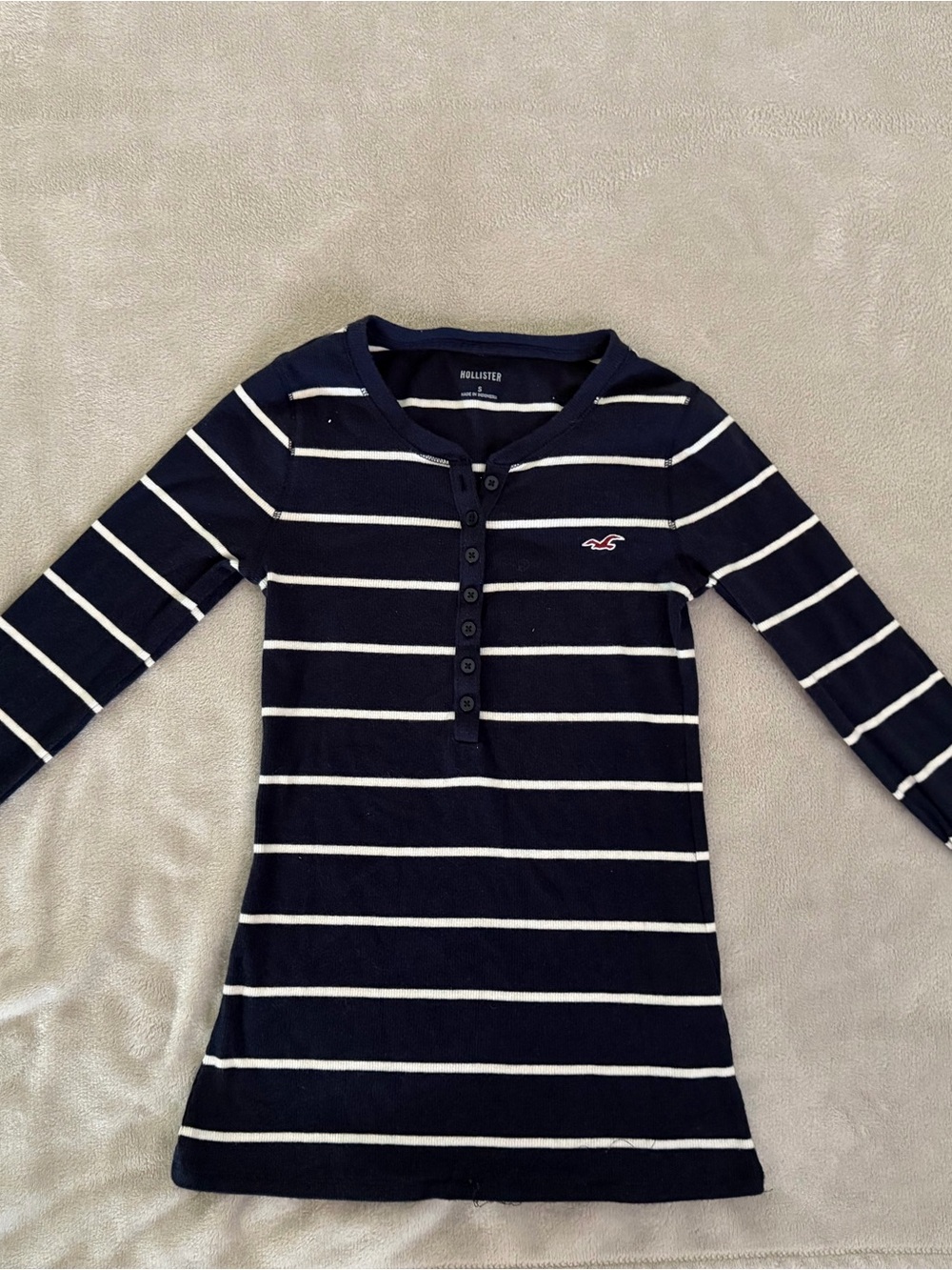 Hollister Navy Blue and White Striped Long Sleeve Henley Top